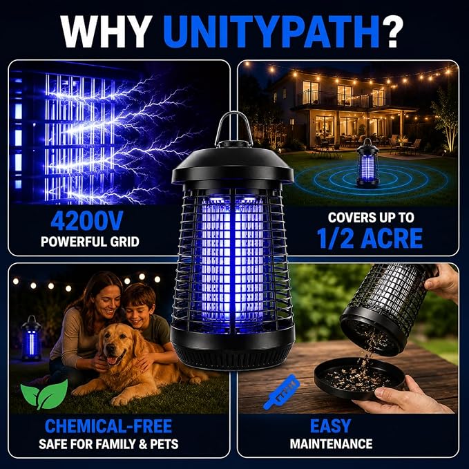 Bug Zapper Outdoor,4200v Mosquito Zapper Killer,Covers 1/2 Acre | Electric Bug zapper Helps Eliminate Mosquitoes and Flying Insects Outdoors. Ideal for Patio Backyard Garage. Easy-clean Tray