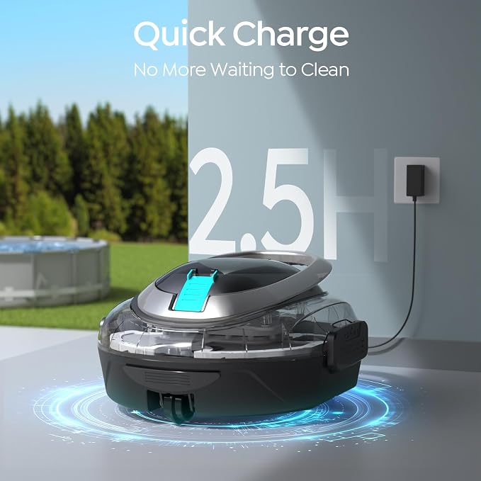 S2 Automatic Pool Vacuum for Above Ground Pools, Cordless Robotic Pool Cleaner with Dual-Motor Cleaning System, 90-Min Runtime, Efficient Debris Pickup and Quick Drain Design (Transparent Black)