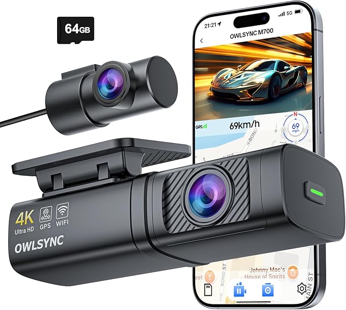 M700 4K Dual Dash Camera with WiFi and GPS, Front and Rear Car DVR, Night Vision, Parking Mode, Loop Recording, 64GB Card Included
