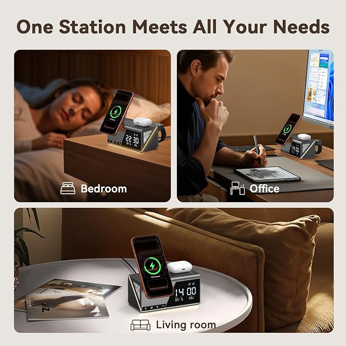 4URPC 6-in-1 Alarm Clock Wireless Charging Station for Apple Devices,MagSafe Charging Dock for iPhone 17/16/15/14/13 Series, Apple Watch, AirPods,Wireless Charger with Night Light/Alarm Clock