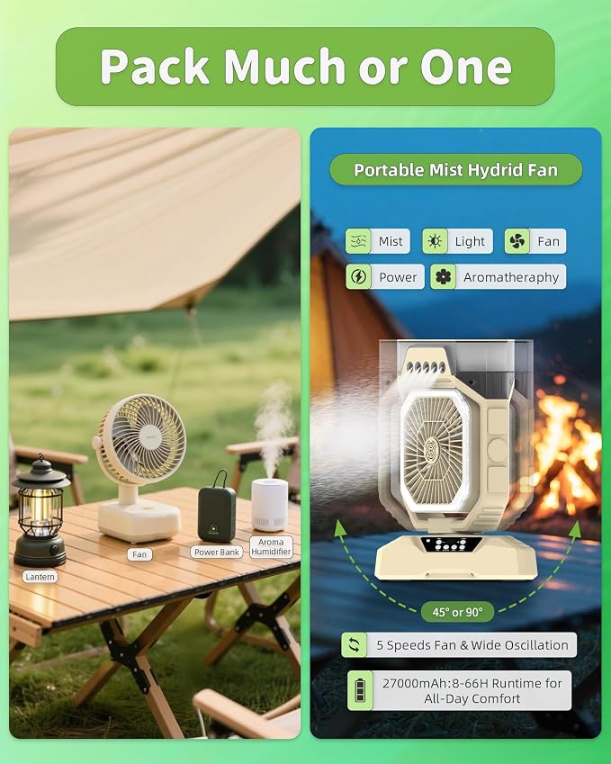 Weljoy Desk Fan 5 Sprayers Rechargeable Misting Fan for Camping & Home – 5 Speed Portable Cooling Fan with Mist 560ml Water Tank Aromatherapy Diffuser Timer 27000mAh Fast-Charging Battery(Off-White)
