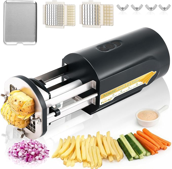 Electric French Fry Cutter with 1/2&3/8 Inch Stainless Steel Blades Professional Potato Cutter's Custom Tray, Automatic Efficient Vegetable Dicer for Carrots, Zucchini, Apples&Onions (Black)
