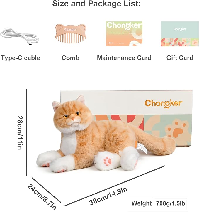 Chongker Realistic Interactive Robot Cat Plush for Seniors, Companion Stuffed Cat with Meowing, Purring, Heartbeat Vibration & Voice Response, Soft Robotic Cat for Relaxation and Emotional Comfort