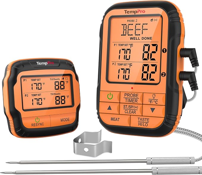 TempPro 500FT Wireless Meat Thermometer for Grilling and Smoking with 2 Probes, Smoker BBQ Kitchen Food Digital Thermometer for Meat Turkey Cooking Gift for Dad Him Husband (Previously ThermoPro)