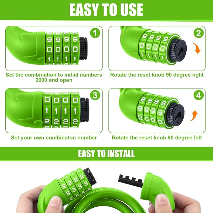 Hotop 8 Pcs Bike Locks Bulk High Security 4 Digit Heavy Duty Bicycle Cable Locks with Mounting Bracket 4 Ft Resettable Coiling Bike Lock with Combination, 1/2 Inch Diameter(Green)