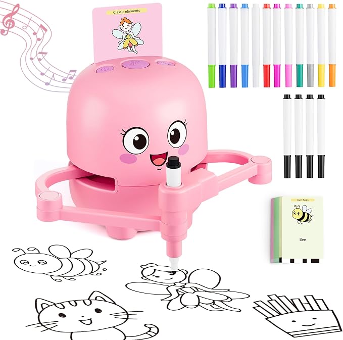 Drawing Robot for Kids Toy, Gifts for 3 4 5 6 7 8 9 Year Old Boys & Girls | Robot Drawing Machine, Electric Music Painting Learning Toys, Birthday Christmas Gifts, 150 PCS Cards, 12 Color Pens, Pink