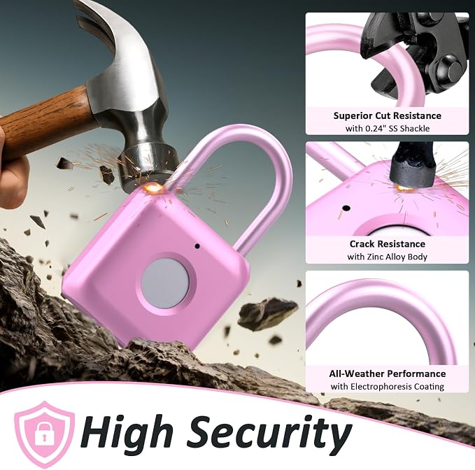 Pothunder Fingerprint Padlock, Smart Padlock, Locker Lock, Combination Lock, Fingerprint Lock with APP Unlock, USB Rechargeable, Suitable for Gym Locker, Door, Locker(Pink)