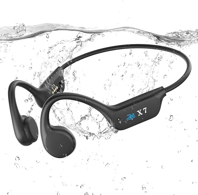 SAMVEK Swimming Headphones Underwater, IP68 Waterproof Bone Conduction Headphones for Swimming, Open Ear Bluetooth 5.4 Earbuds with MP3 Mode 32GB Memory, 8 Hours Playtime for Cycling, Running