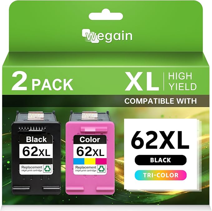 62 Ink Cartridge 62XL Black and Tri-Color Combo Pack, Compatible with HP62 HP62XL Printers, Envy 7640 5540 5660 7645 OfficeJet 5740 200 250 8040 (1 Black, 1 Tri-Color)