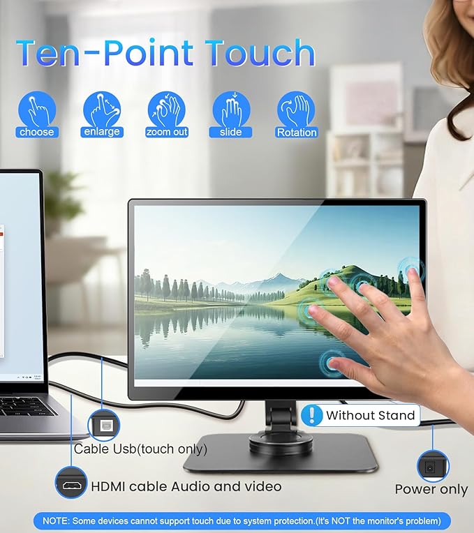 14 inch FHD Portable Touchscreen Monitor with HDMI VGA DVI Ports Compatible with Laptops PC PS5/4, Industrial, POS, Kiosk, Screen Extender 1920×1200 HDR IPS Small Touch Screen Display 500 nits