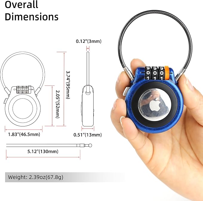 Metal AirTag Holder with Combination Lock & Steel Cable, Finder Lock Case Compatible with Apple AirTag, Anti Theft for Luggage Backpack Stroller Suitcase Car Tracking, Weather Resistant