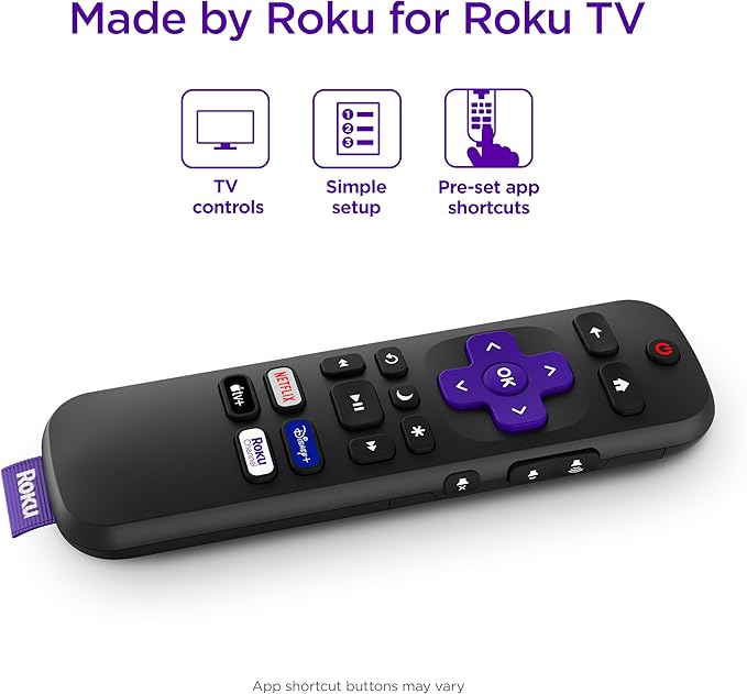 Roku TV Remote Control (Official Manufacturer Product) - Simple Setup, & Pre-Set App Shortcuts - Replacement Remote Compatible with RokuTV Models ONLY (Not Roku Players)