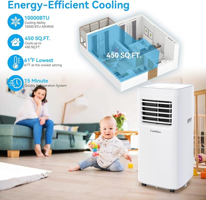 Coolblus 10000 BTU Portable Air Conditioners Cool Up to 450 Sq.Ft, 3-IN-1 Portable AC Unit with Remote Control/LED Display/Installation Kits & Screwdriver/24Hrs Timer for Home/Office, White-10000BTU