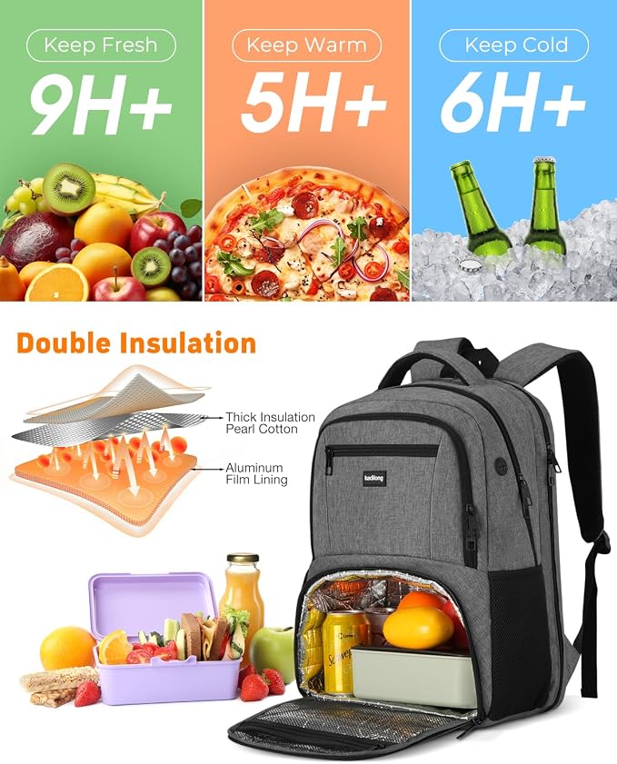 kadilong 17.3 Inch Insulated Backpacks with Cooler&Laptop Compartment,Travel Backpack with Lunch Box Bookbag for Work,Sturdy College Computer Backpack for Men Women Mochilas Lonchera para Hombre