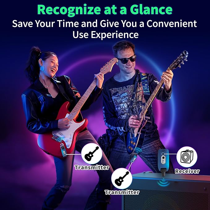 A9 Wireless Guitar System 2.4GHz Wireless Guitar Transmitter and Receiver, Rechargeable,4 Channels, 100FT/30m Range,270° Rotatable Plug,for Electric Guitar Bass (Blue(2TX+1RX))