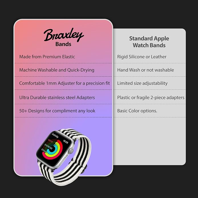 Braxley Bands for Apple Watches - Stretchy and Washable - Adjustable with Apple Watch Bands for Women & Men - Compatible with Apple Watch Series SE Ultra 9 8 7 6 5 4 3 2 1
