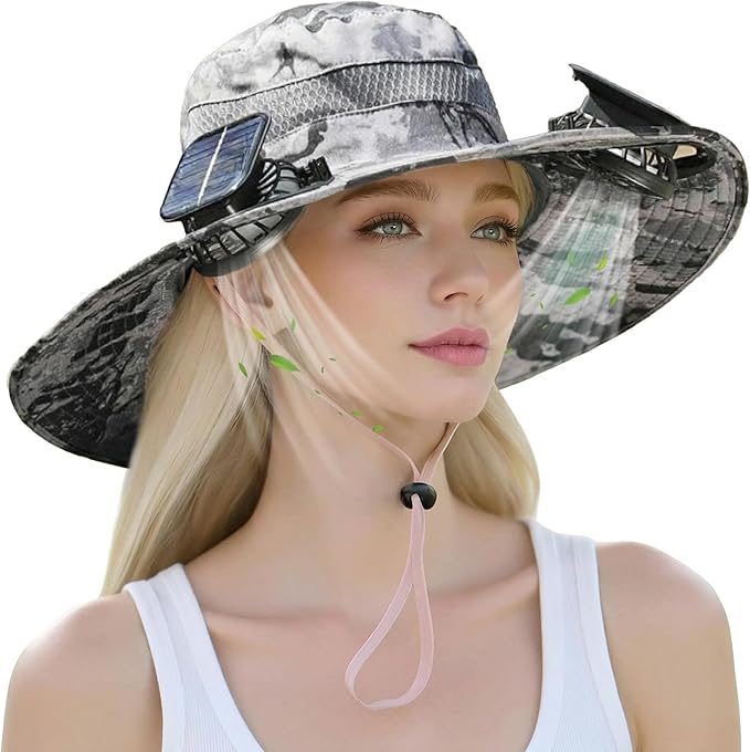 Outdoor Wide Brim Sun Hat with 2 Solar Powered Fan, Bucket Hat for Men Women, Fishing, Gardening & Beach Hat for Men