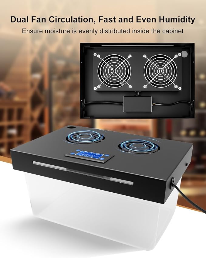 Electric Humidifier for Cabinet with Humidity Temperature Control, 110V Circulating Fan for 10-50 Cubic Ft Storage, 30-80% RH Adjustable
