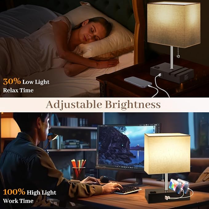 Smart RGB Dimmable Table Lamp Compatible with Alexa&APP&Remote Control, Bedside Desk Lamp with Charging Ports&Outlet&Phone Stand, Music Sync Nightstand Lamp for Bedroom Living Room Office Dorm, Beige