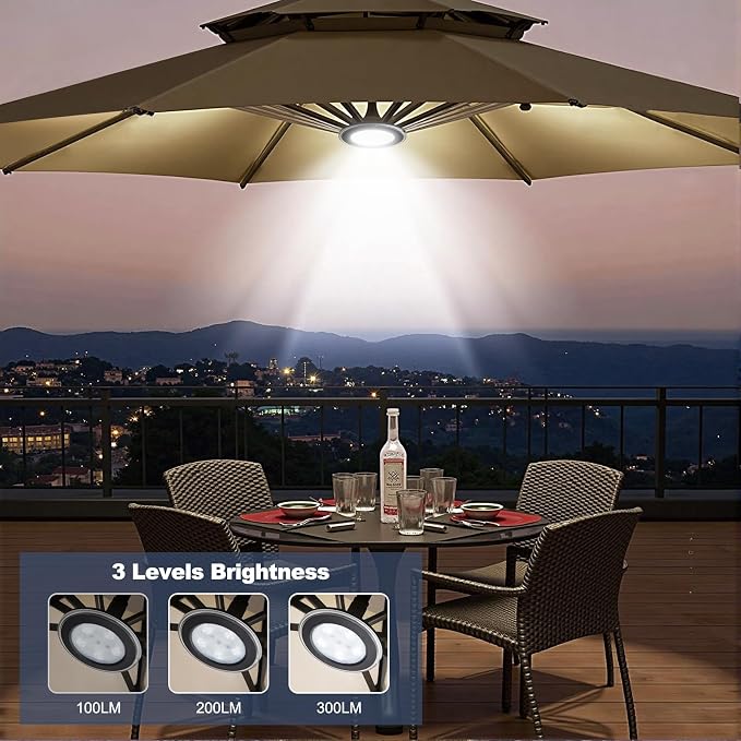 Vitnucrol LED Patio Umbrella Lights with Remote, 4000mAh Rechargeable Portable Outdoor Cantilever Umbrella Lamp with 3 Brightness, Dimmable Camping Lights for Offset Umbrellas, Tents