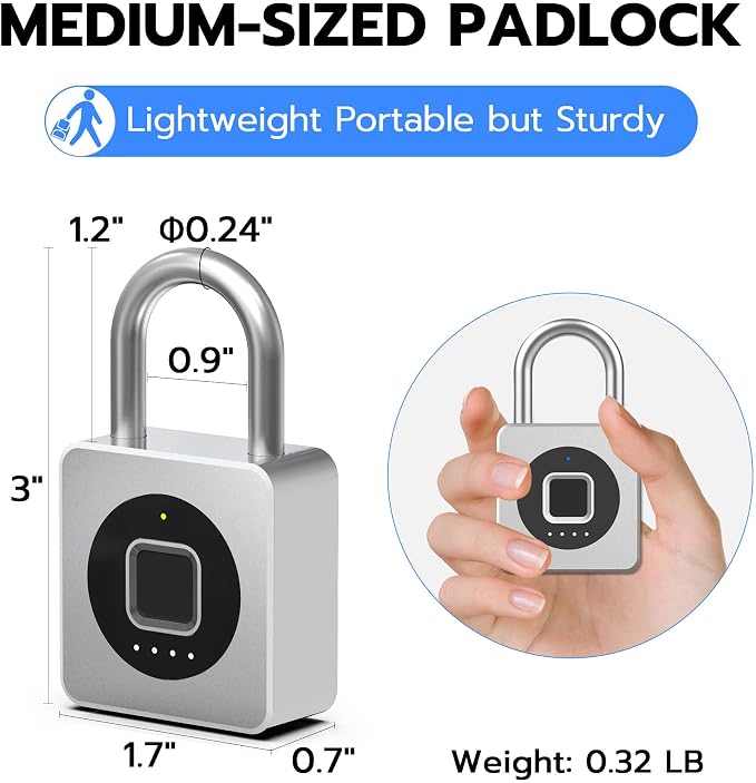 eLinkSmart Fingerprint Gym Locker Lock, Keyless Biometric Padlock, Weatherproof Electronic Digital Bluetooth App Smart Combination Pad Lock for Outdoor Fence Gate Storage Unit Pool Shed - Silver