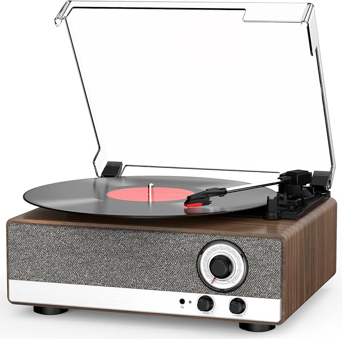 7-in-1 Vinyl Record Player with Built-in Speakers Bluetooth in & Out Belt Drive 3-Speed Turntables for Vinyl Records Support AM/FM Radio, Pitch Control & RCA Line Out & Auto Stop, Walnut