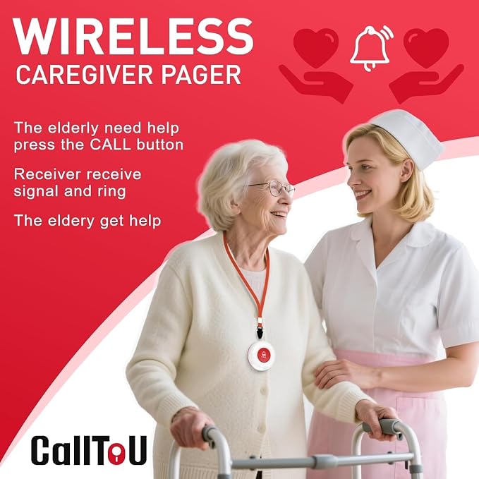 CallToU Caregiver Pager Wireless Call Button Nurse Alert System 500+ Feet for Home/Elderly/Patient/Disabled 2 Plugin Receiver 2 Waterproof Transmitter 1 Watch Transmitter