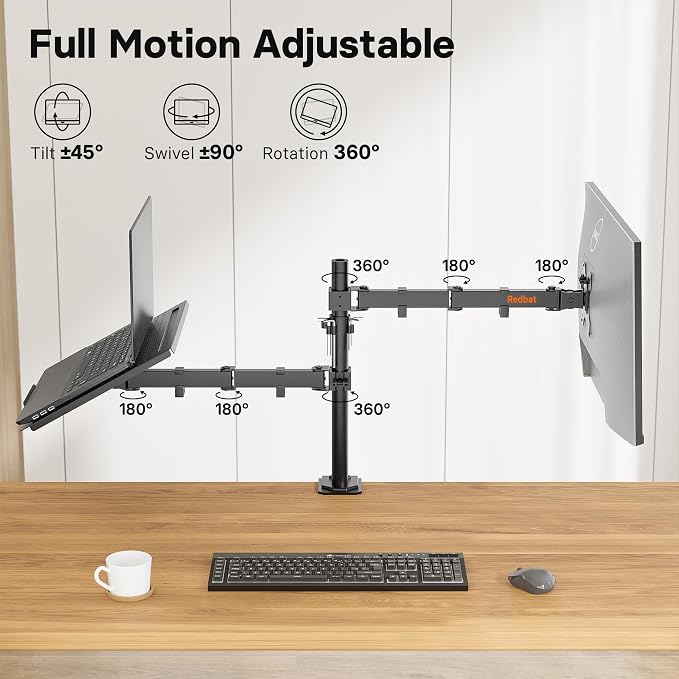 Redbat Monitor and Laptop Mount Stand, Fully Adjustable Monitor Arm with Vented Tray for 13" to 32" LCD Screens and Notebook up to 16", Holds up to 22lbs, VESA Compatible, Dual Mounting Options