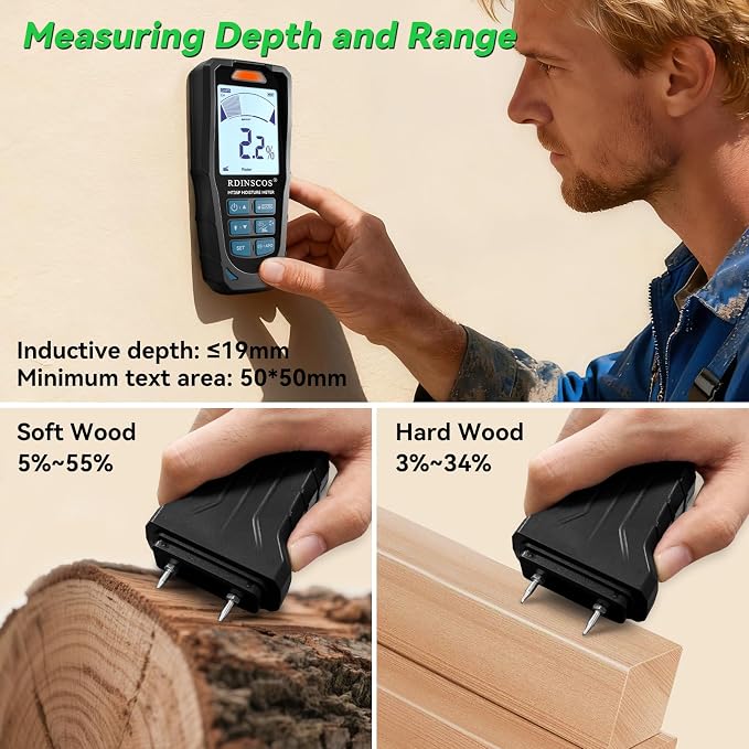 Pinless & Pin-Type Moisture Meter for Wood, Drywall & Concrete | Digital Moisture Tester, Audible Alarm, HOLD Function, Ideal for Firewood, Lumber, Home Inspections