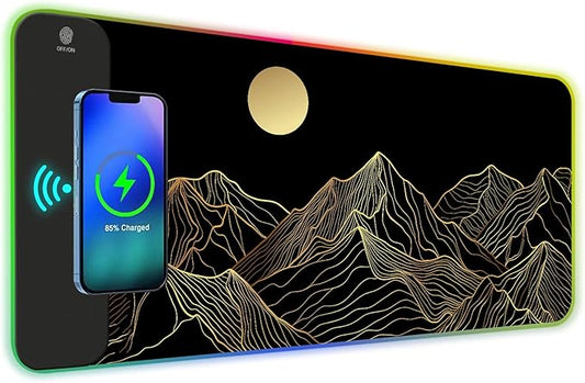 ToLuLu RGB Wireless Charging Gaming Mouse Pad, 7.5/10/15W 10 Light Modes LED Mouse Pad Computer Keyboard Mat Mousepad, 800x300x4MM Extended Large Desk Mat Desk Pad, Sun Shines Over Golden Mountain