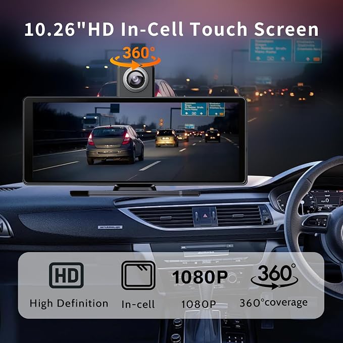 10 Inch Wireless Apple CarPlay & Android Auto Screen for Car with 4K Dash Cam,Ultra-Light Touchscreen, IP68 1080P Backup Camera, GPS Navigation, Voice Control, Mirror Link(No Card)