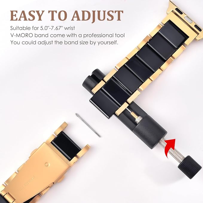 V-MORO Compatible with Apple Watch Band 41mm 42mm 40mm 38mm Series 11/10/9/8 Fashion Strap Women,Stainless Steel Resin Band Bracelet Replacement for iWatch Ultra/SE/7/6/5/4/3/2/1-Black+Gold