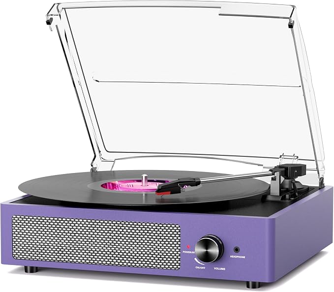 cotsoco Vinyl Record Player Bluetooth,Belt-Drive Turntable with Stereo Speakers Vintage Phonograph Vinyl Record Player 3 Speed 3 Size for Home Decoration,Aubergine