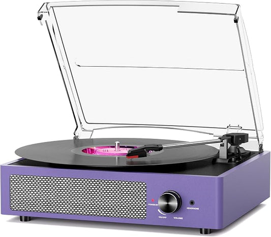 cotsoco Vinyl Record Player Bluetooth,Belt-Drive Turntable with Stereo Speakers Vintage Phonograph Vinyl Record Player 3 Speed 3 Size for Home Decoration,Aubergine