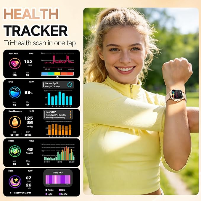 Smart Watch for Women, 1.72" Fitness Tracker with Answer/Make Calls, Sleep/Heart Rate Monitor, Smartwatch for Android iOS Support 100+ Sports Modes, IP68 Waterproof, Fitness Watch with 2 Band (Gold)