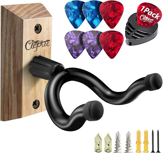 Guitar Wall Mount - Ashwood Hardwood Guitar Wall Hangers, Guitar Picks, Pick Holder, Guitar Accessories, U-Shape Hardwood Guitar Hanger, Gifts for Guitarists, with 6 Assorted Guitar Picks