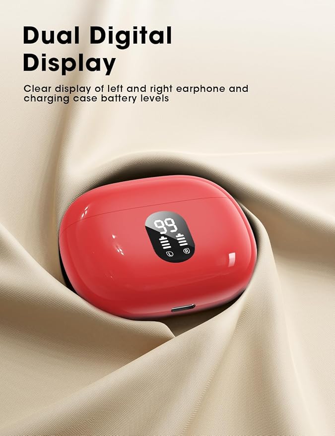 Wireless Earbuds Deep Bass Sound Ear Buds, Bluetooth 5.3 Headphones 48H Playtime, LED Display Earphones with Mic, IPX7 Waterproof Lightweight in-Ear Buds, Touch Control for iPhone TV Laptop Red