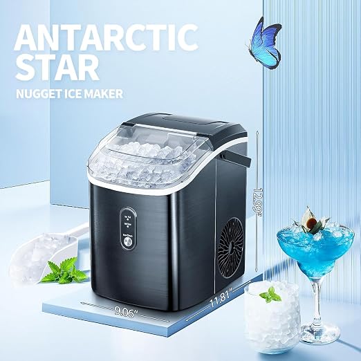 Antarctic Star Nugget Ice Maker Countertop, 34 lbs/Day Pellet Ice Machine with Self-Cleaning, Fast Ice Ready in 10 Minutes, Portable Ice Maker with Handle for Home, Office, RV, Camping(Black)