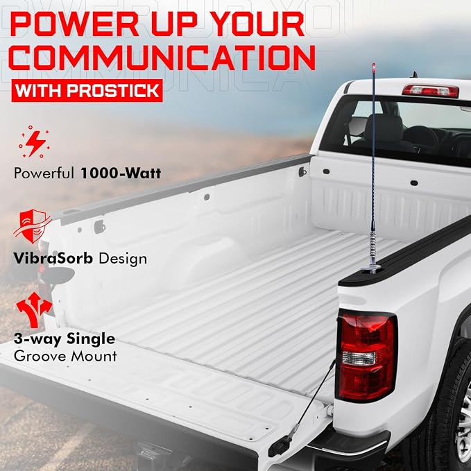 Prostick Fiberglass CB Antenna with Single Groove Mirror Mount & Stainless Steel Spring - 1000 Watt Durable Radio Antenna, Studs, Heavy Duty Springs – 2 Foot Antenna in Black Color