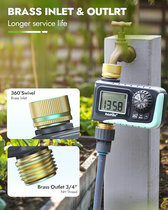 RAINPOINT Sprinkler Hose Timer with 2 Way Heavy Duty Metal Hose Splitter Programmable Watering Timer and 3/4 Inch GHT Y Spigot Splitter with Shut Off Valves for Faucet and Drip Irrigation