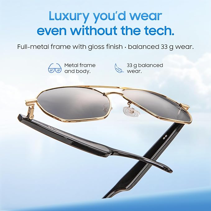 LIMU Gen 5 AI Smart Sunglasses - AI Glasses with Real-Time AI Interpreter, Open-Ear Bluetooth Audio for Calls & Music, Premium 33 g Metal Frame, Travel & Business Ready for Women & Men