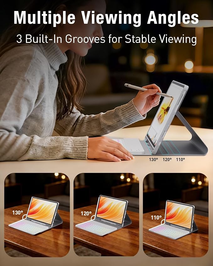 Keyboard Case for Samsung Galaxy Tab A11 Plus 11 Inch 2025/ A9+ Plus 2023 Tablet, Detachable Rainbow Backlit Wireless Keyboard and Mouse, Slim Stand Cover with S Pen Holder(White Marble)