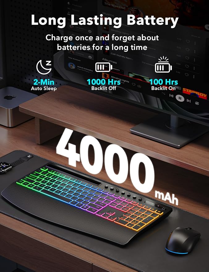 Wireless Keyboard and Mouse Combo - 4000mAh Rechargeable Backlit Keyboard with Wrist Rest & Phone Holder, Full Size Quiet Typing 2.4G USB-A/Type-C for PC, Laptop, Windows, Mac, Trueque KM22 Ultra
