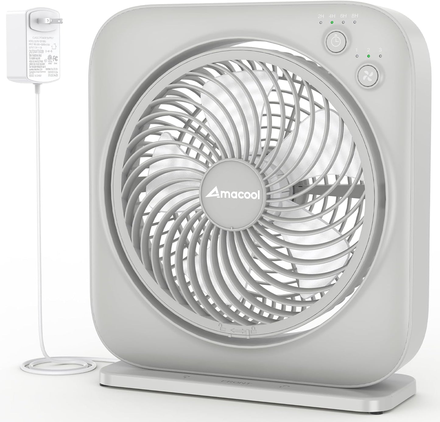 AMACOOL Table Fan, 12 inch Box Fan with 3 Adjustable Speeds & 8HRS Timer, Adjustable Angle Quiet Air Circulator, Desktop Fan for Bedroom Bathroom Kitchen Office, AC Adapter Included (Grey)