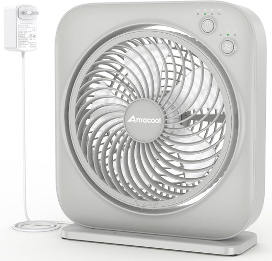 AMACOOL Table Fan, 12 inch Box Fan with 3 Adjustable Speeds & 8HRS Timer, Adjustable Angle Quiet Air Circulator, Desktop Fan for Bedroom Bathroom Kitchen Office, AC Adapter Included (Grey)
