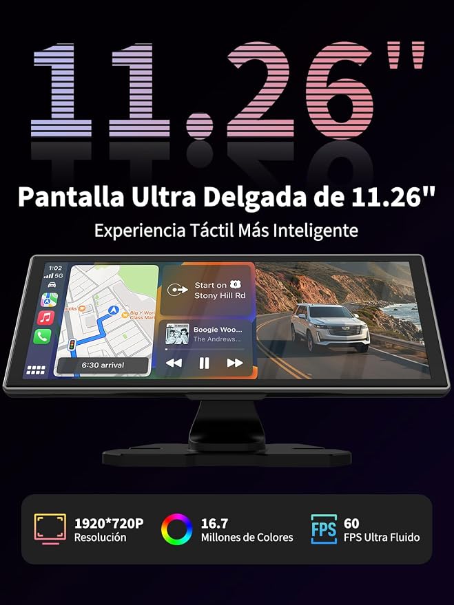 Largest Portable 11.26'' Wireless CarPlay/Android Auto Screen with 2.5D 1920x720 HD Display, Built-in DVR, 4K Front + 1080P Rear Camera, Car Screen,Easy Install Dash Cam,GPS Navigation,Voice Control