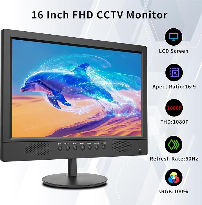 Jexiop 16inch Security Monitor,Wall-Mounted Monitors Supports USB/Full Format Video Playback,CCTV Monitors with AV/HDMI Input/VGA/BNC,Built-in Speaker,Remote Control