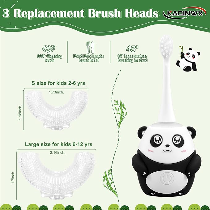 Kids U Shaped Electric Toothbrush for Age 2-12, Rechargeable Toddler Toothbrush with 60S Smart Timer, Panda Design, IPX7 Waterproof & 360°Cleaning,Develop Kids' Brushing Habits