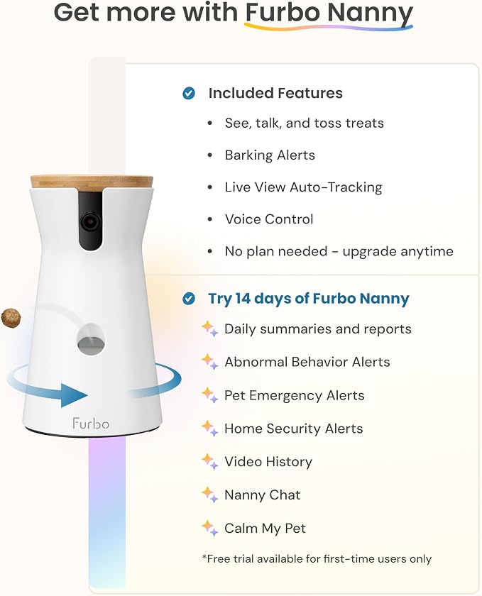 Furbo 360° Dog Camera: Basic See, Talk & Toss Features, No AI Alerts, No Subscription Required, Pet Security Cam w/Barking Alerts, Rotating View, Treat Toss, 2-Way Audio, Smart Home Puppy Monitoring