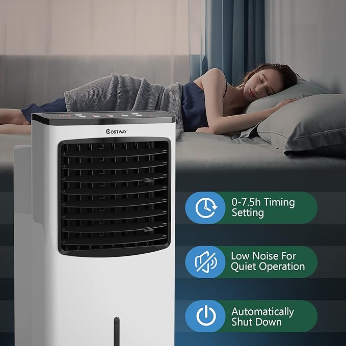 Rolling Evaporative Air Cooler, 3-in-1 Air Conditioner w/Fan & Humidifier, Portable Bladeless Quiet Electric Fan with Remote Control & Casters, 2 Ice Box & 8 Liter Water Tank for Home/Office